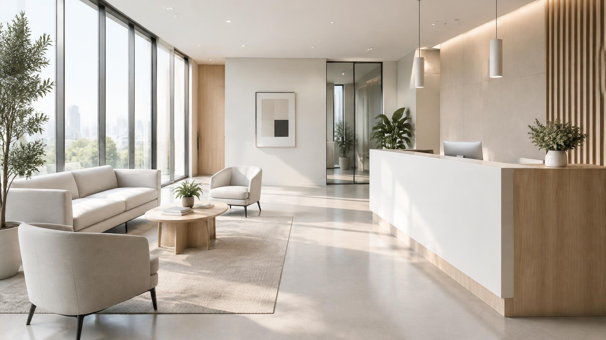 Bright reception area with modern furniture and large windows