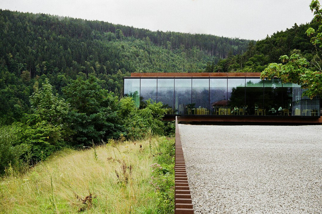 Modern minimalist house with large glass windows surrounded by nature