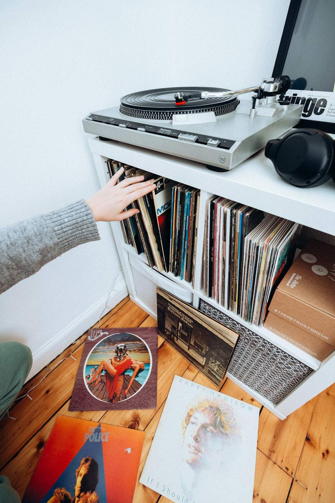 Close-up of a vintage record player and retro decorative objects
